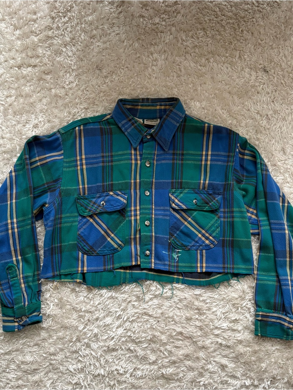 Urban Outfitters Cropped Plaid Button Flannel Dress Down Shirt Blue Green 1 of 1